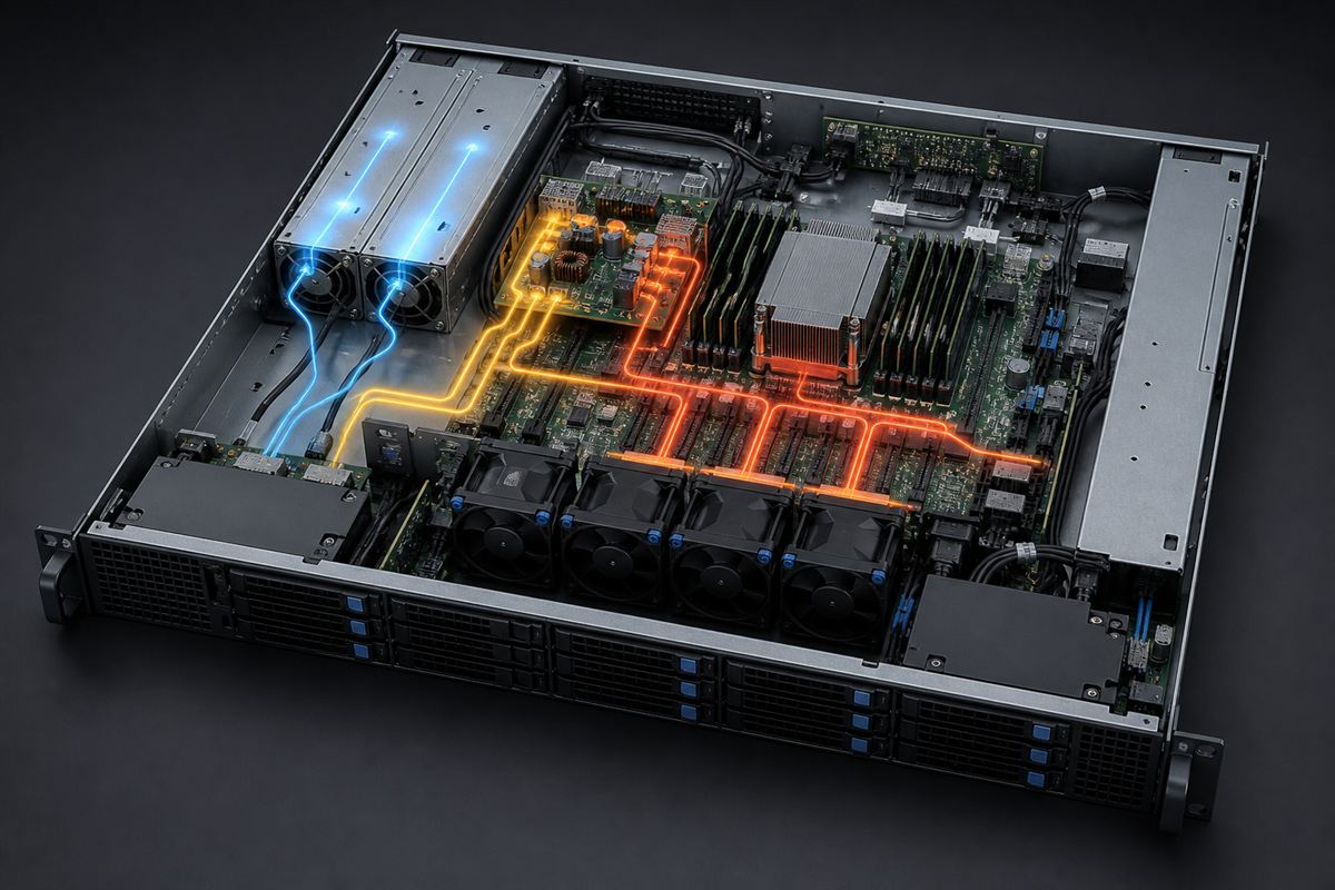 Open rack server showing power flow and heat paths from dual PSUs