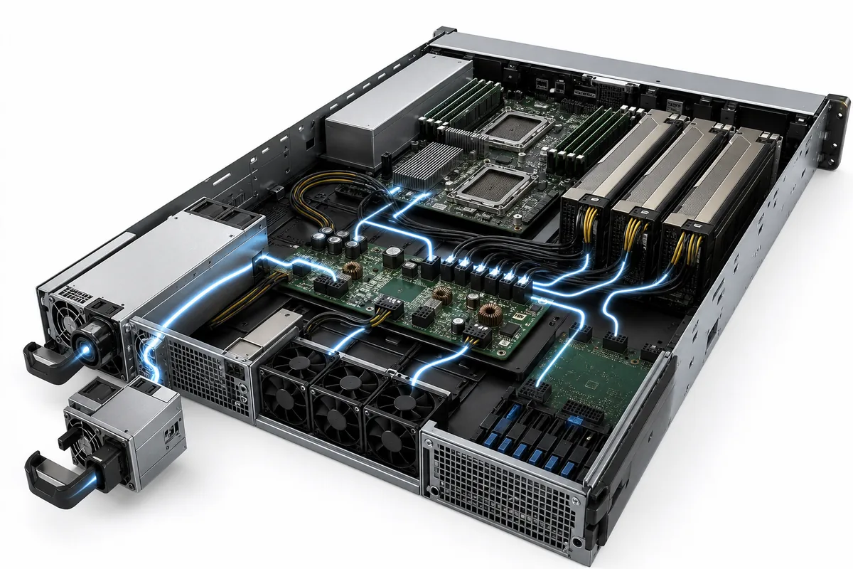 Two CRPS modules feeding a server power distribution board