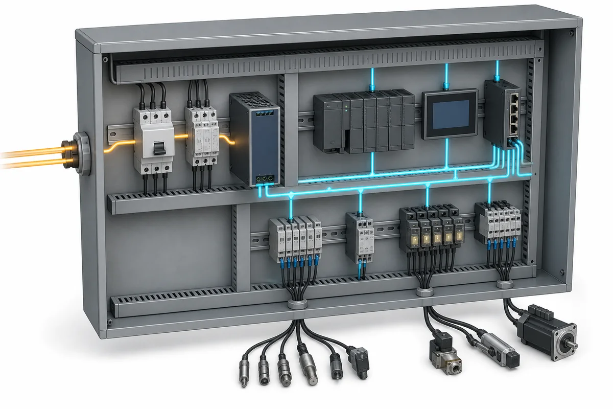 Industrial control cabinet power path from incoming power to automation loads