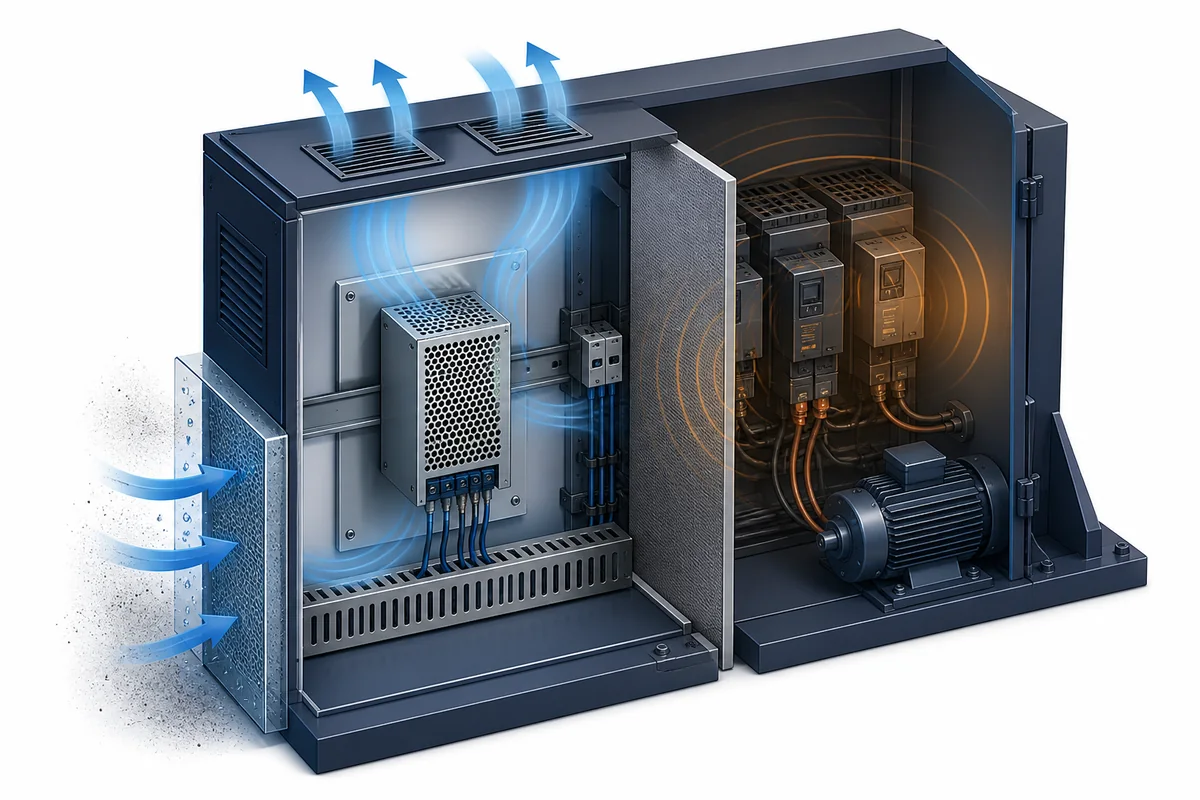 Industrial power supply placement for airflow, electrical noise separation, and enclosure protection
