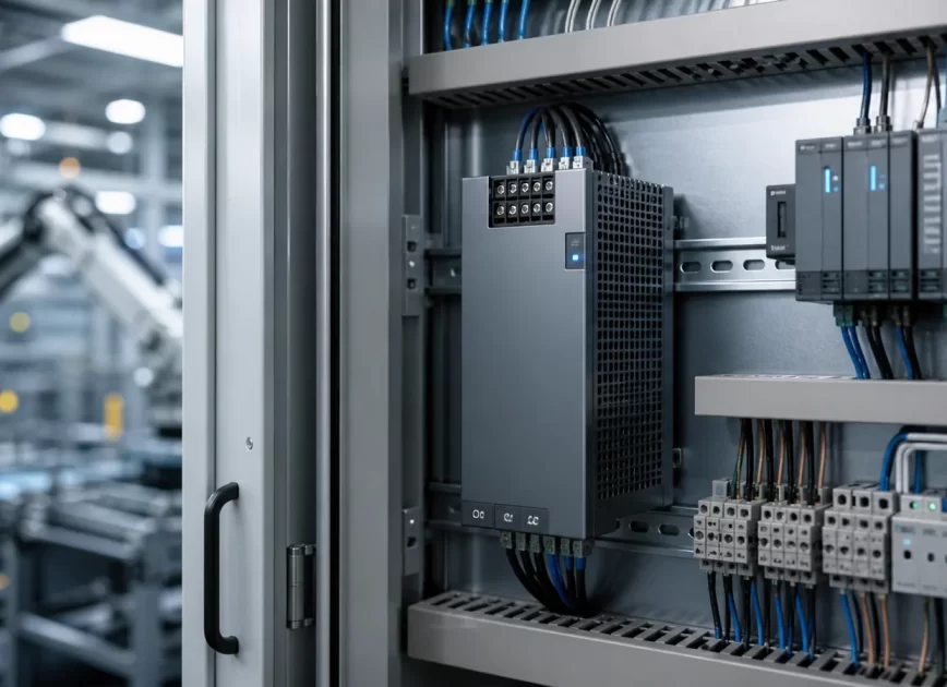 Industrial power supply installed in a factory automation control cabinet