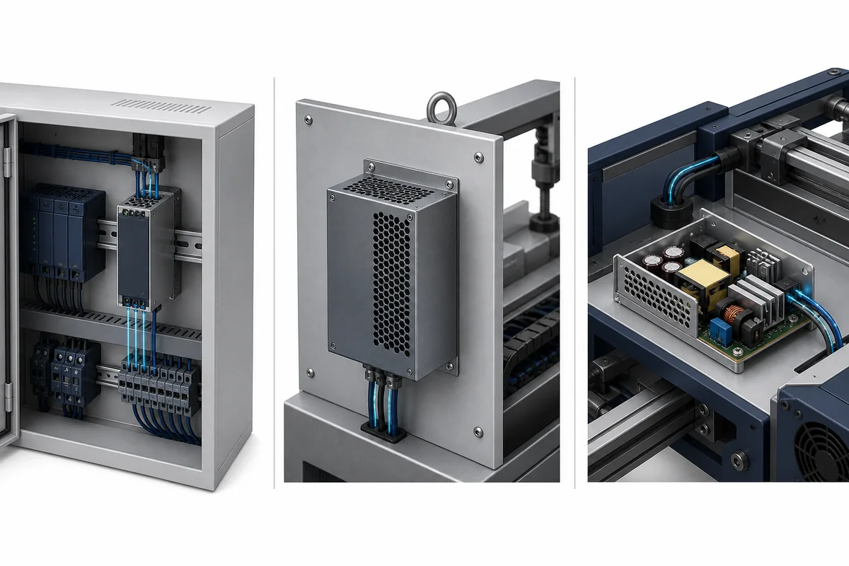 Industrial power supply form factors in control cabinet, machine panel, and OEM equipment