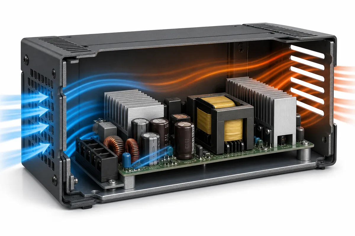 Cooling airflow through an open frame power supply enclosure