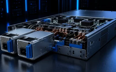 Two redundant power supply modules installed in a server