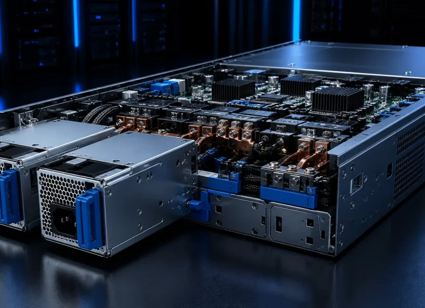Two redundant power supply modules installed in a server