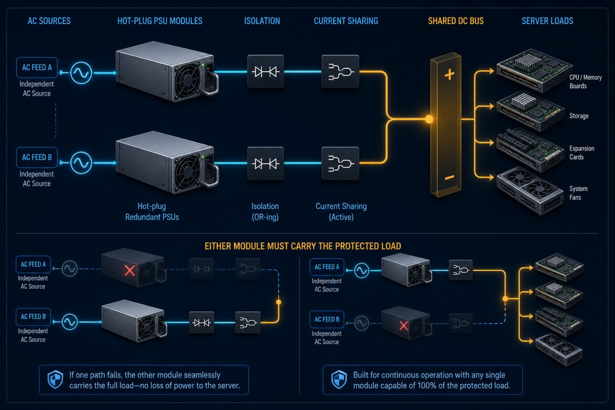 Dual hot-plug redundant power paths feeding a shared server DC bus