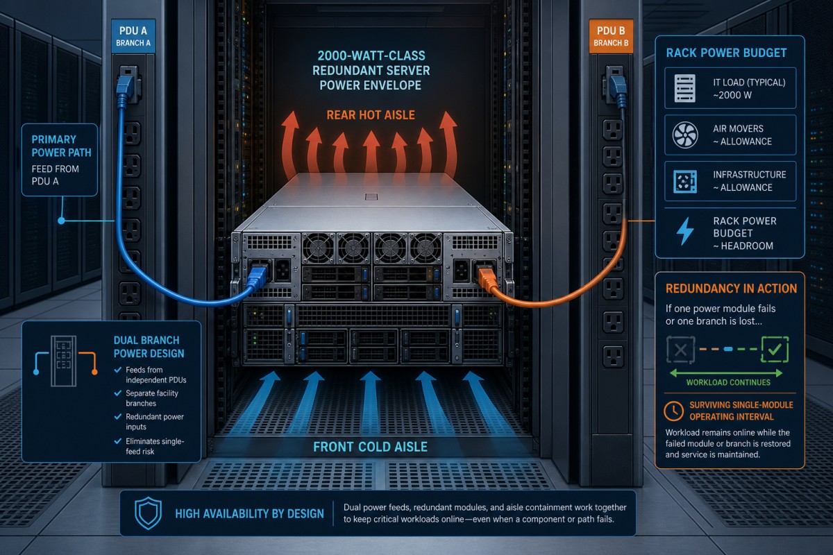 Rack power architecture with independent feeds for a 2000W-class redundant server