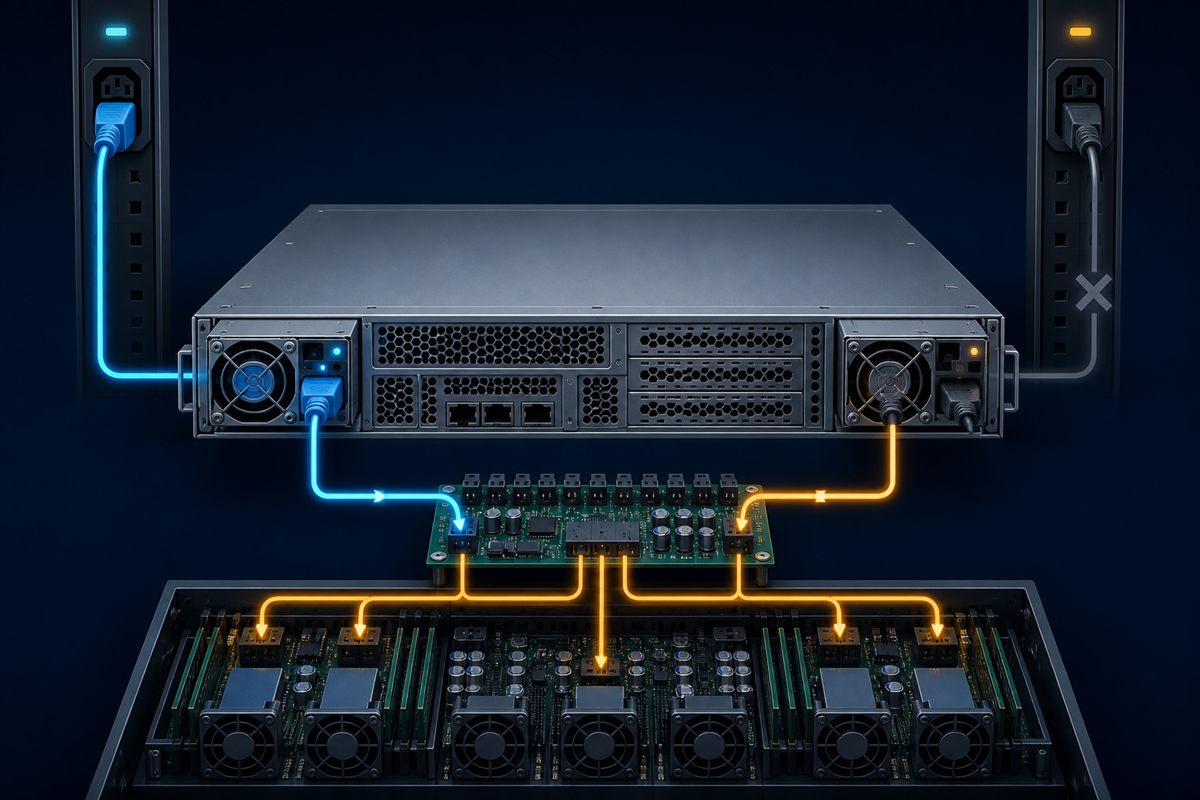 Rackmount redundant PSU modules connected through a shared server power distribution path