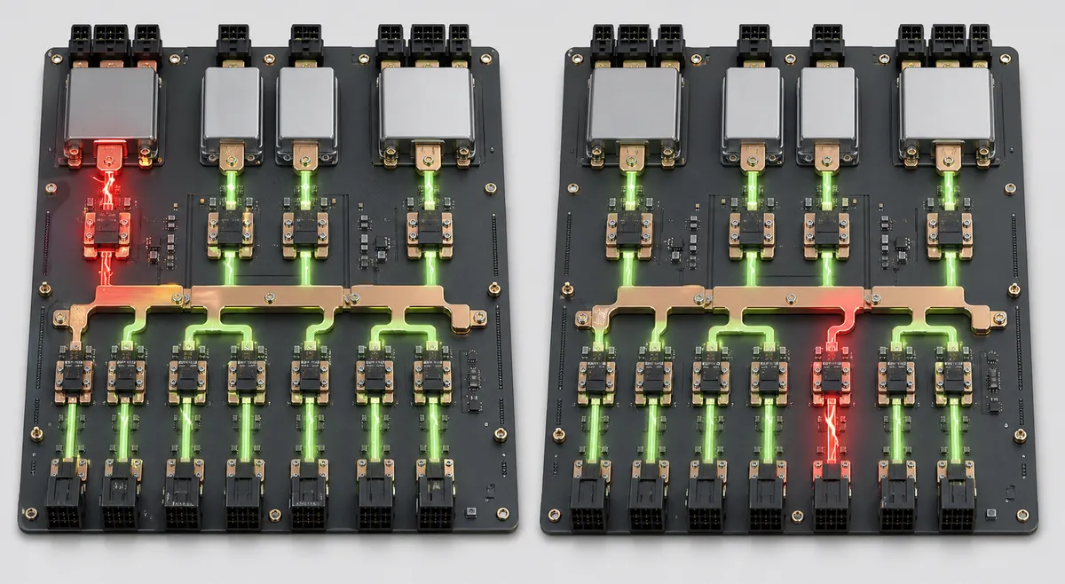 Source fault and downstream branch fault contained at different points on a redundant PDB