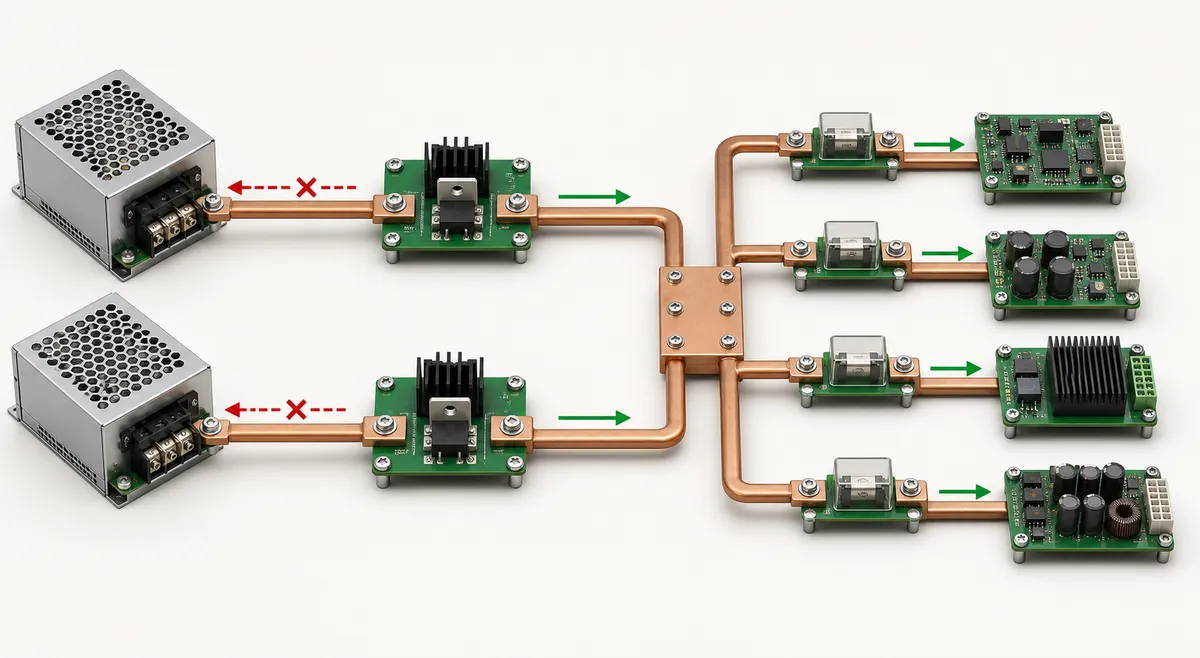 Redundant power board with source ORing stages, a common bus, and protected load branches