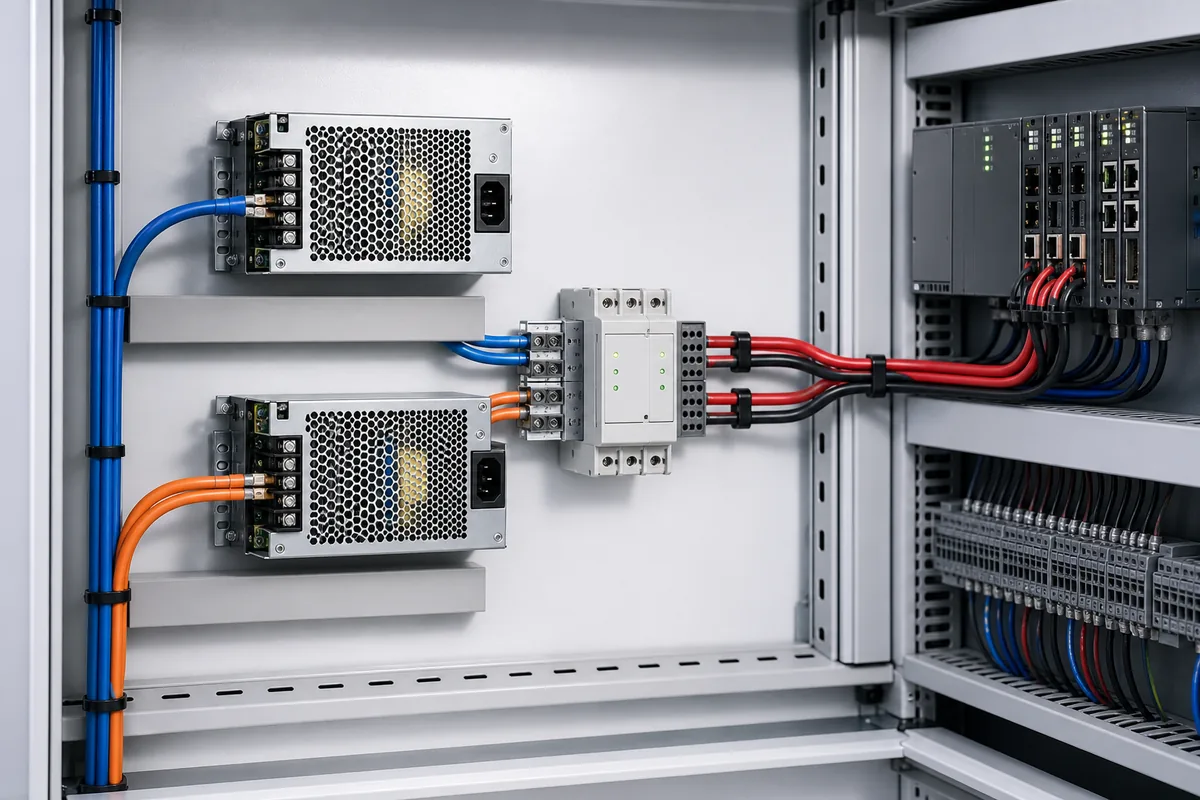 Two independent power supplies feeding shared loads through a redundancy and isolation module