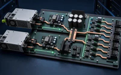 Redundant power supply distribution board joining two complete source modules to protected branches
