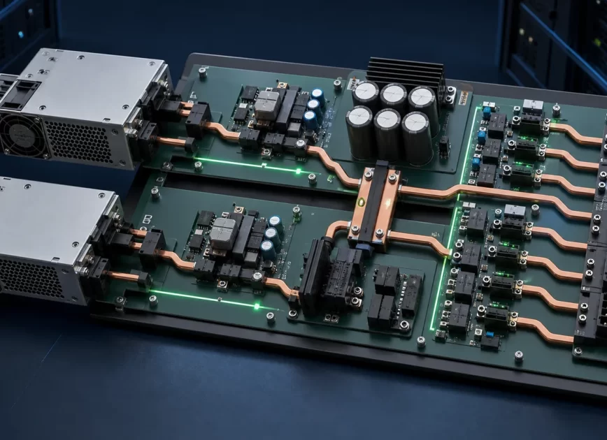 Redundant power supply distribution board joining two complete source modules to protected branches