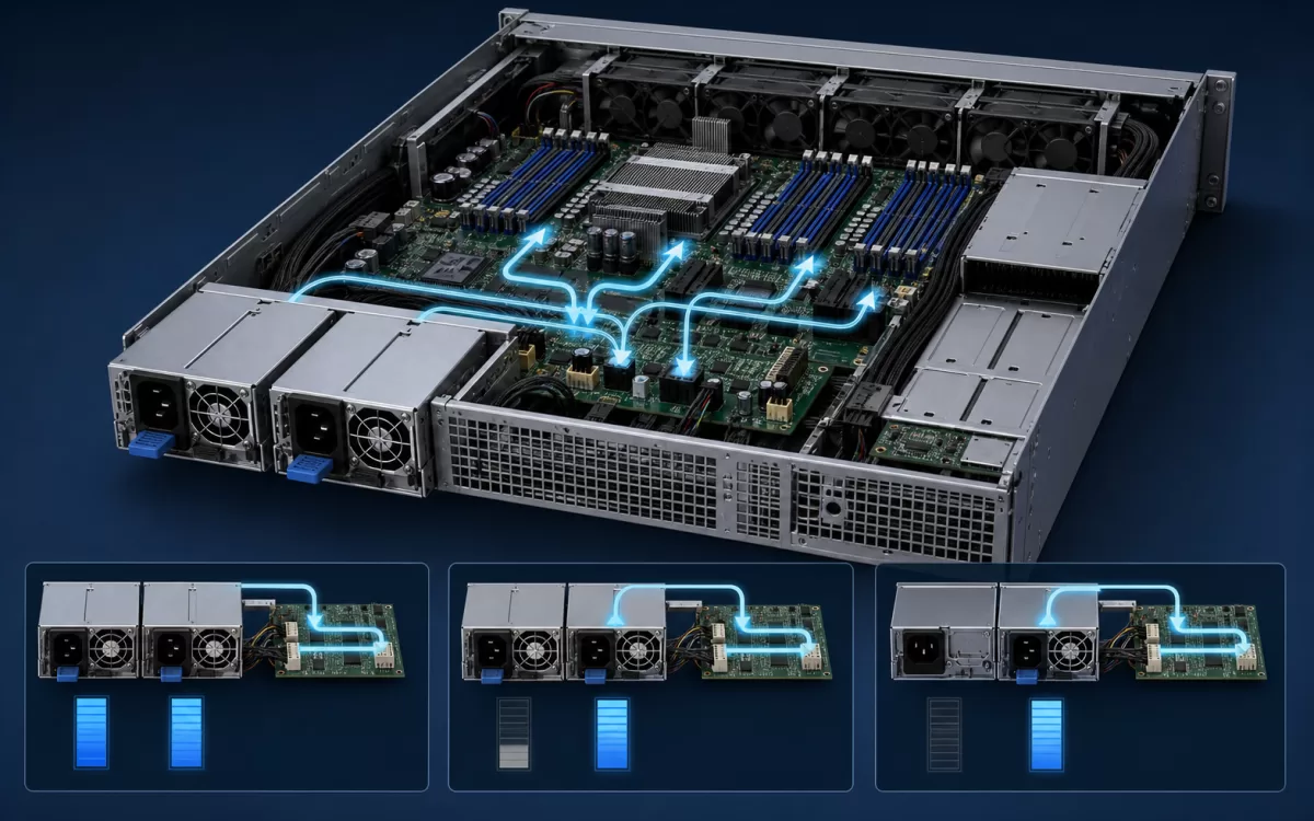 Complete two-PSU rack server showing balanced power paths through the distribution board