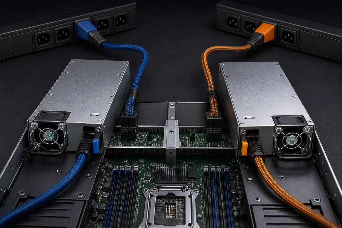 Two server power modules connected to separate rack power feeds and a shared server power system