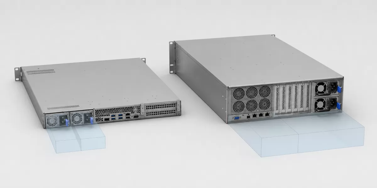 Complete 1U and 2U server chassis showing different redundant PSU bay arrangements and extraction clearances