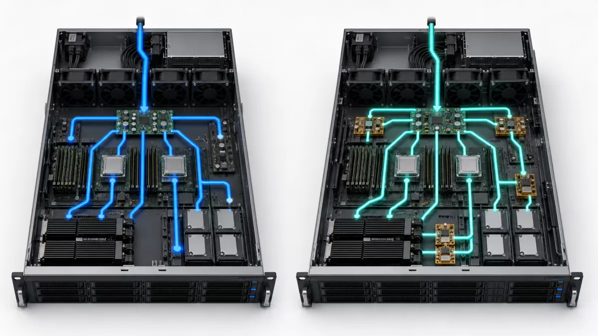 Complete servers comparing direct 12V distribution with localized conversion from a higher-voltage DC bus