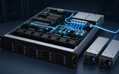 Complete rack server showing a DC power path from removable PSU modules to internal compute loads