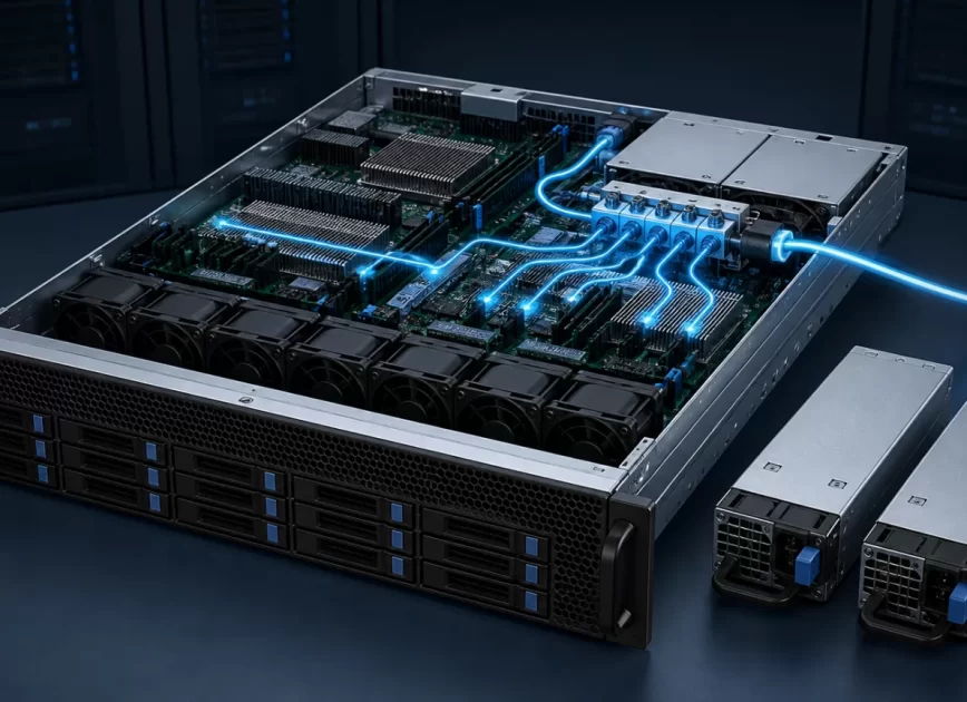 Complete rack server showing a DC power path from removable PSU modules to internal compute loads