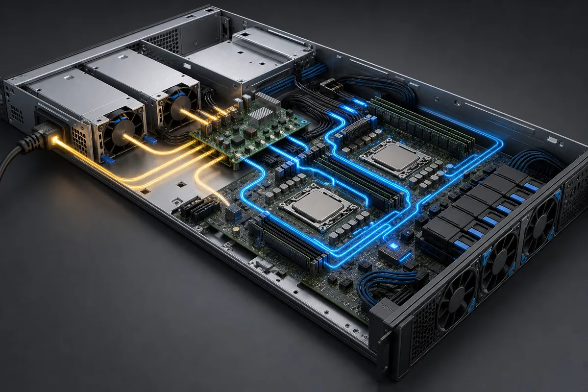 Cutaway server view showing power modules, distribution board, motherboard, processors, memory, and fans