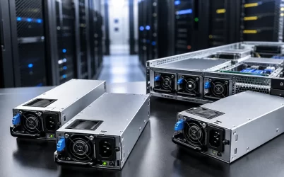 Hot-swappable server power modules beside an open rack server in a data center