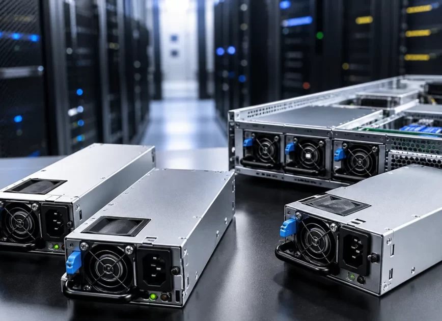Hot-swappable server power modules beside an open rack server in a data center