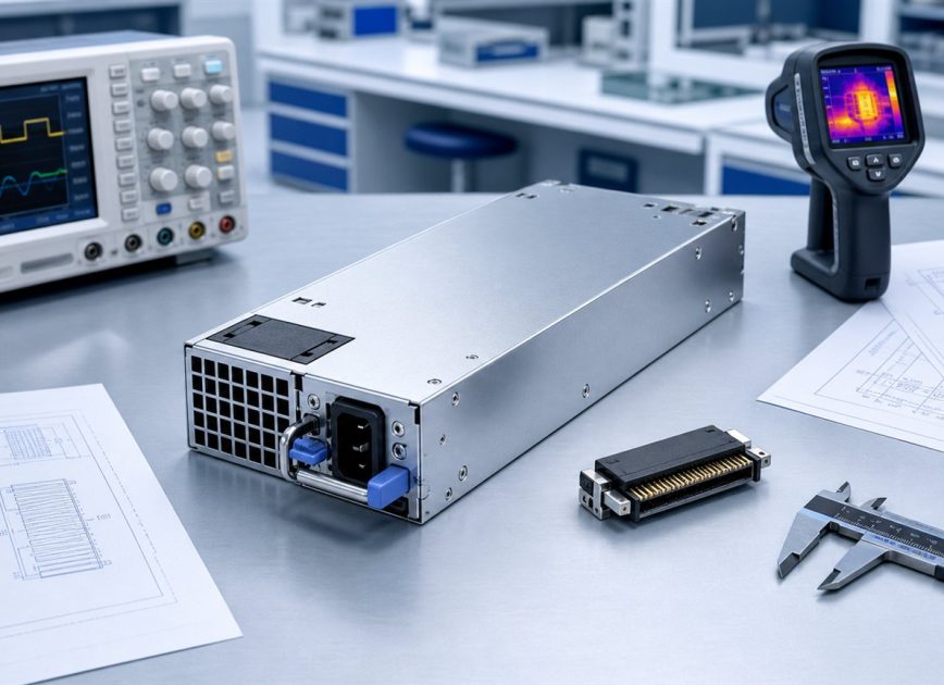 Complete server PSU undergoing electrical mechanical and thermal requirements review