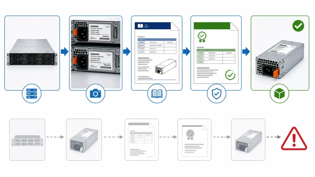 Compatibility evidence chain from server identity to an approved replacement power supply