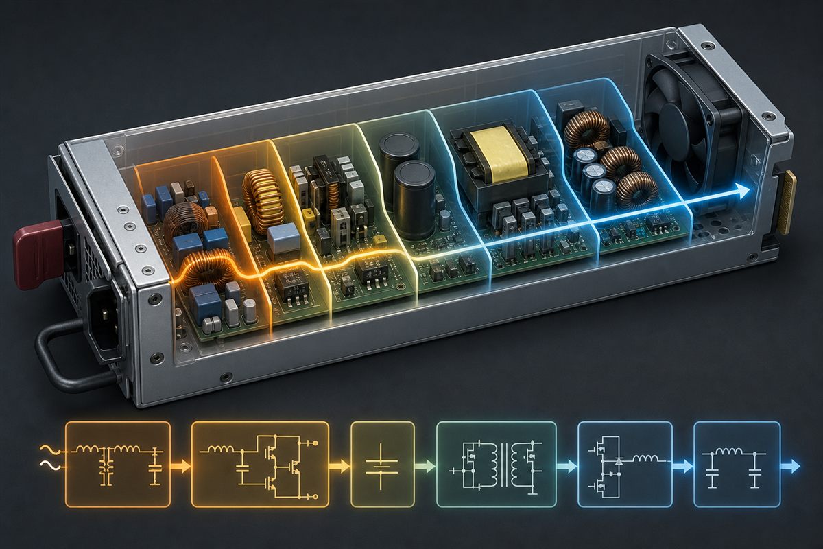 Functional loss path through the conversion stages of a high-efficiency server power supply