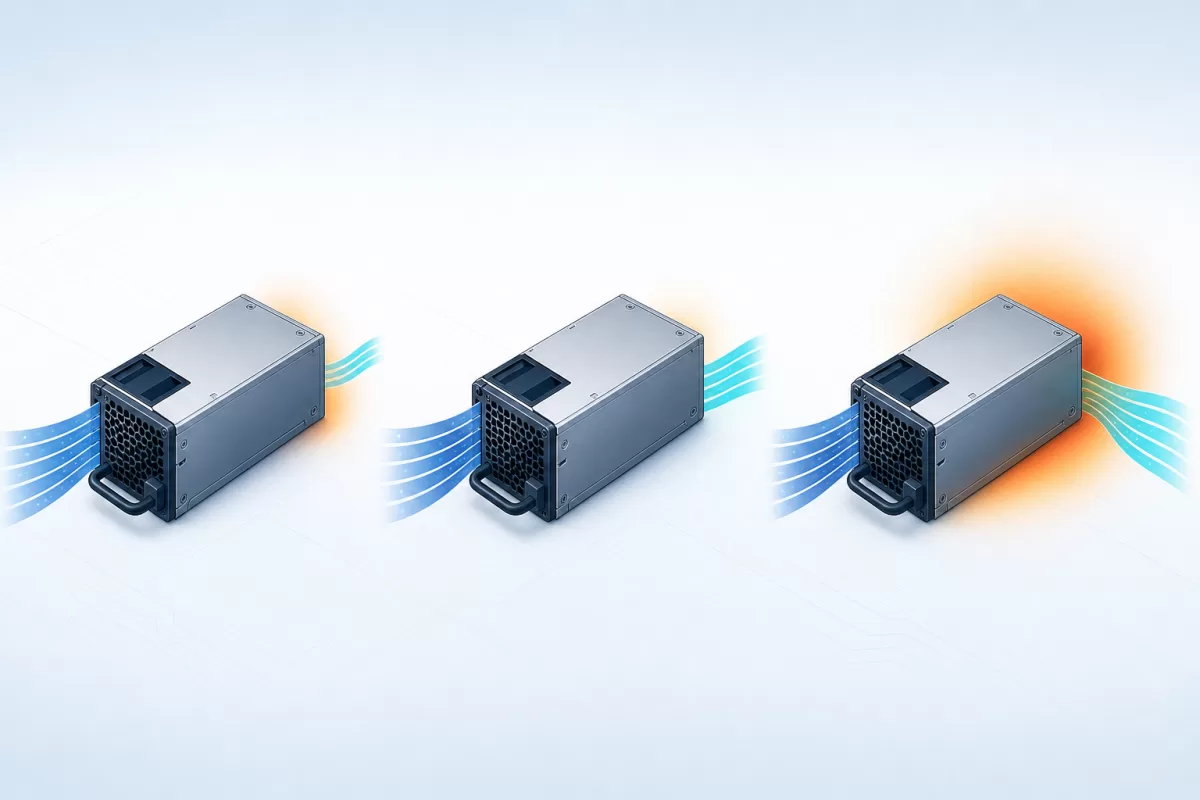 Three complete server PSU modules illustrating light, middle, and heavy load conversion-loss behavior