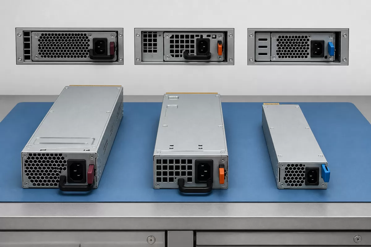 Three complete hot-swap server PSU modules with visibly different mechanical interfaces