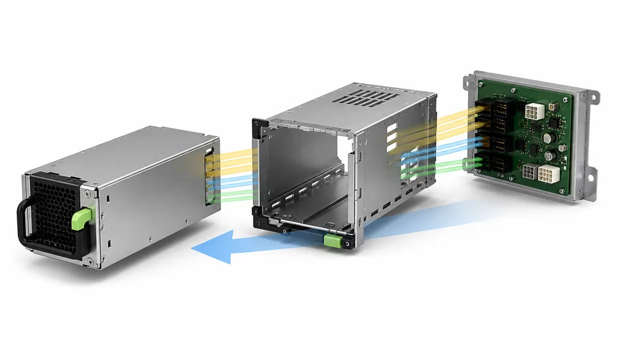 Complete hot-swap PSU module aligned with its guide cage and power distribution board