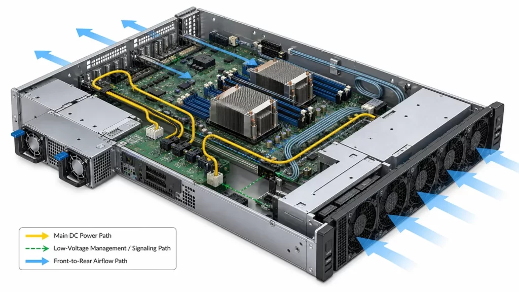 Redundant server power supplies connected through the PDB, management path, and chassis airflow