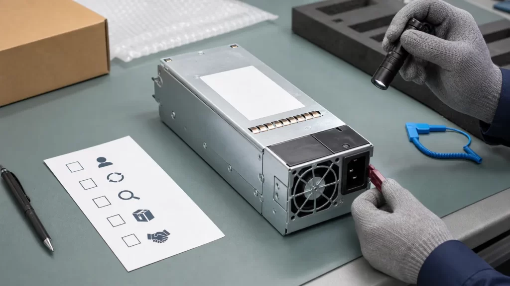 Technician inspecting a removable server power supply for identity and physical condition
