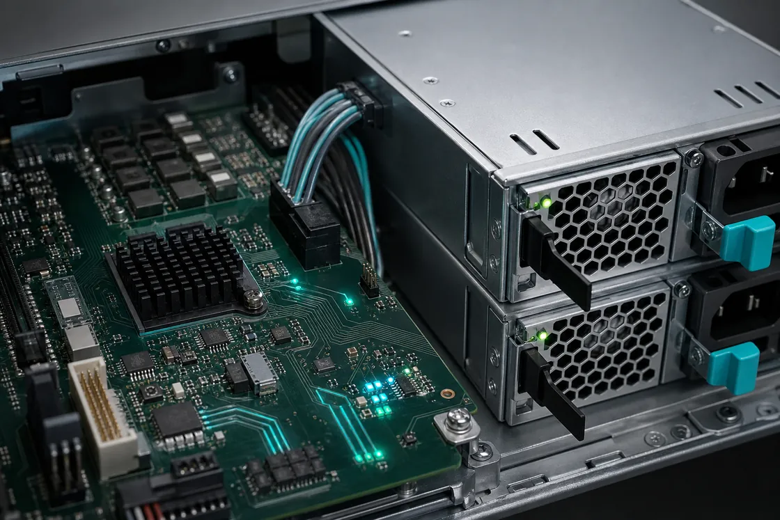 Server power modules beside management and power-distribution circuitry inside a rack server