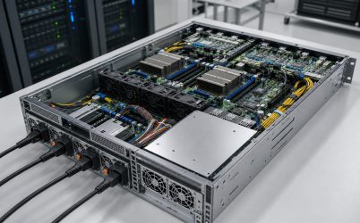 Complete open-top rack server with dual switching power supplies