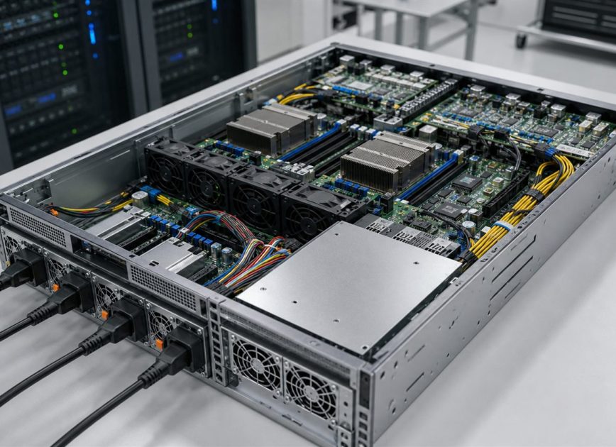 Complete open-top rack server with dual switching power supplies