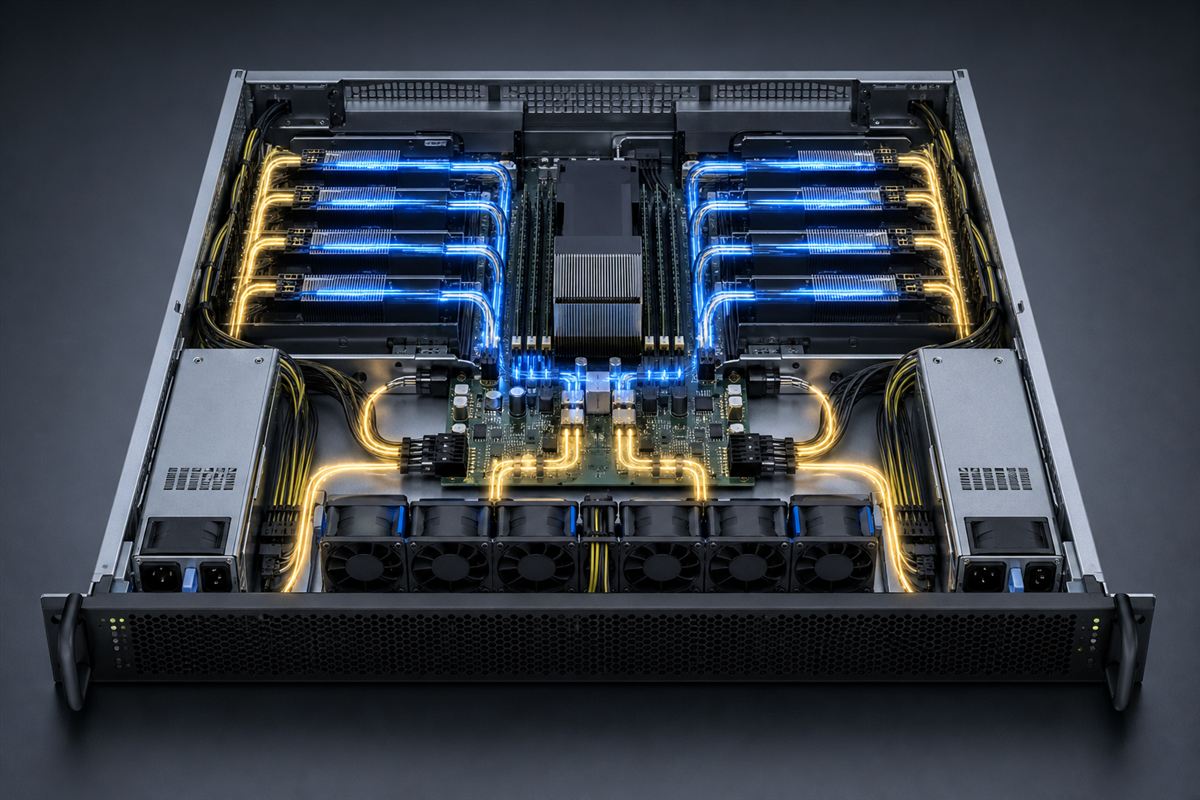 Dual-PSU server showing transient power paths to accelerator loads