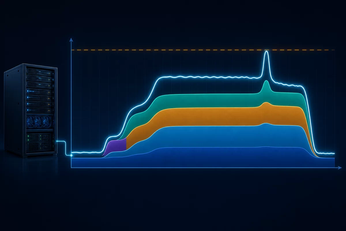 Server load profile separating sustained demand from a brief transient peak