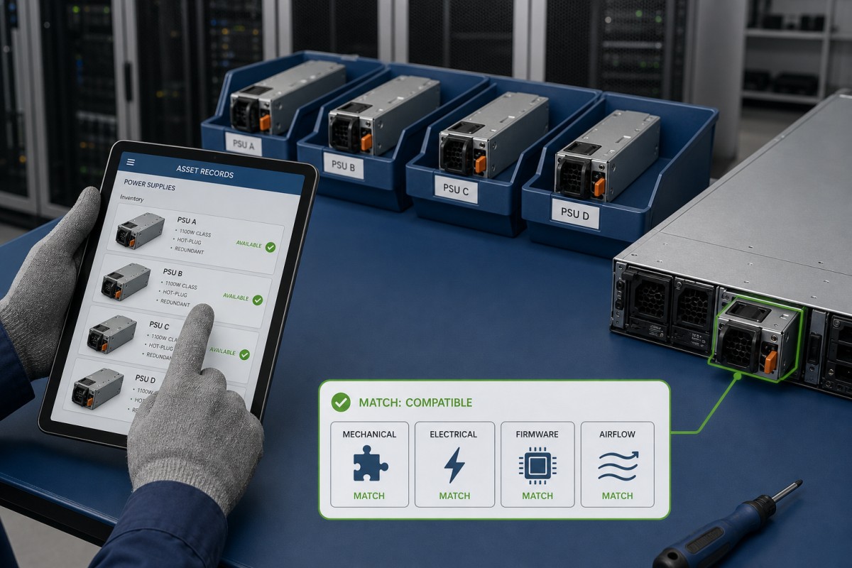 Spare PSU inventory matched by mechanical electrical firmware and airflow compatibility