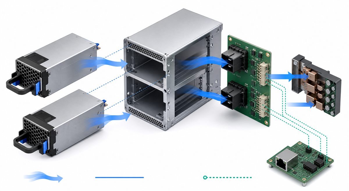 Exploded standard CRPS modules, cage, power distribution board, and management path