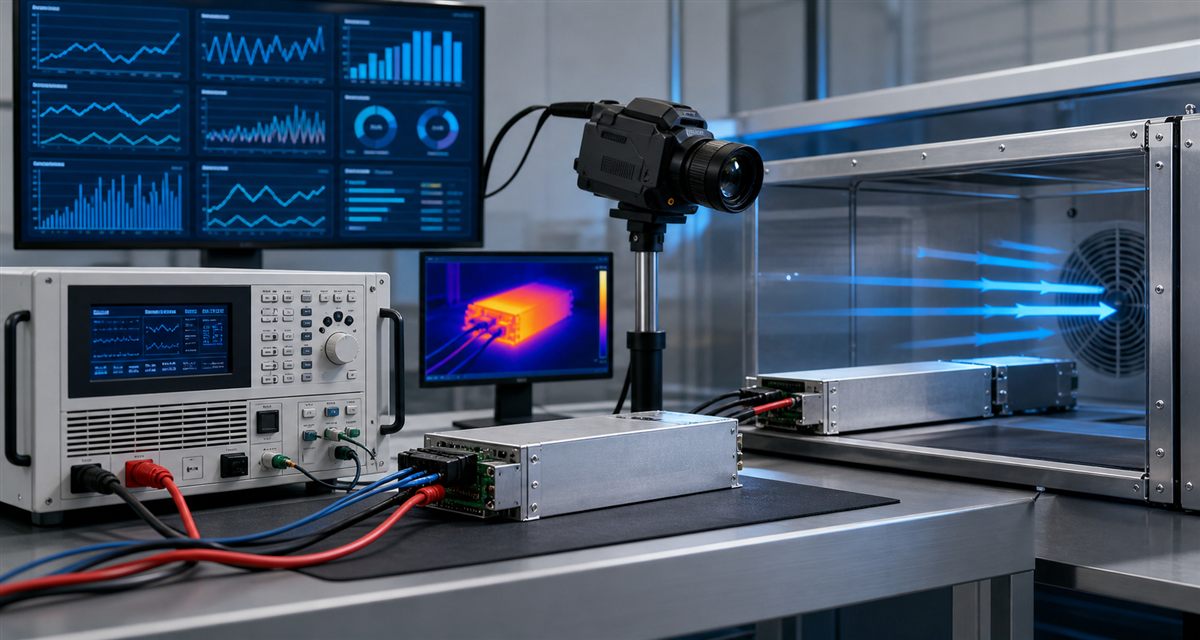 CRPS power supply validation with electronic load, thermal monitoring, and airflow testing