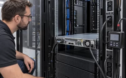 Technician measuring AC input to a rack server with a metered PDU