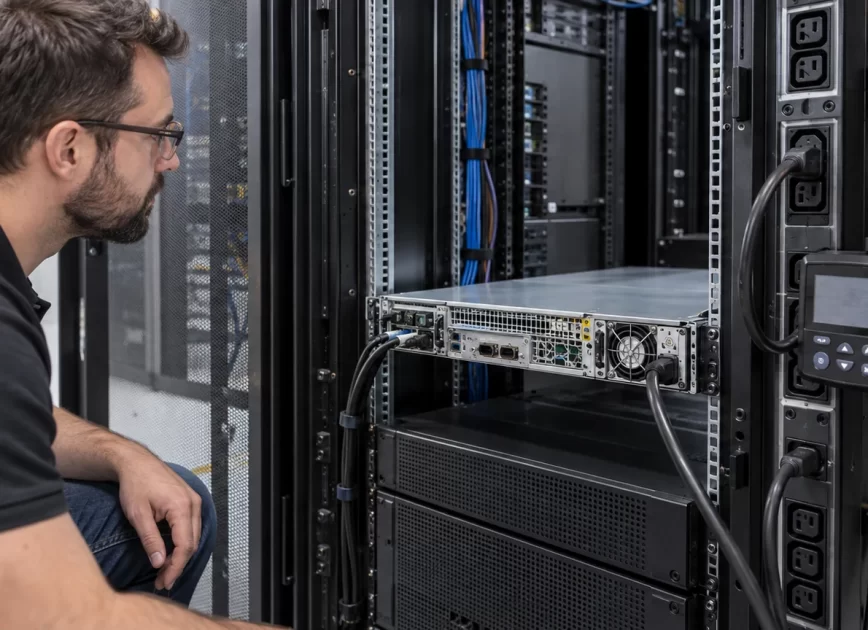 Technician measuring AC input to a rack server with a metered PDU