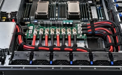 Server interior showing a 12V power distribution board and high-current harness