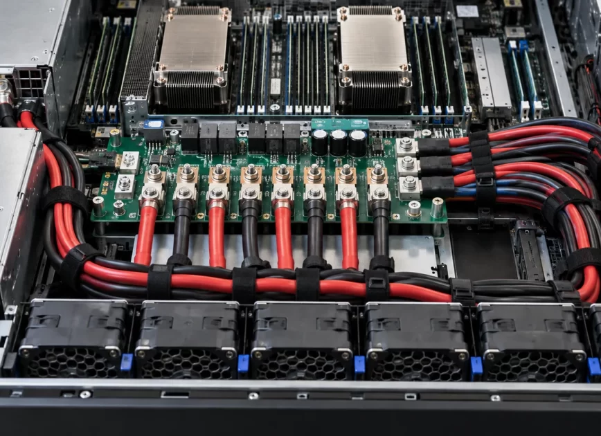 Server interior showing a 12V power distribution board and high-current harness