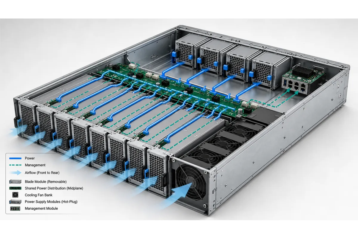Blade chassis architecture showing power modules, shared distribution, blades, fans, and management
