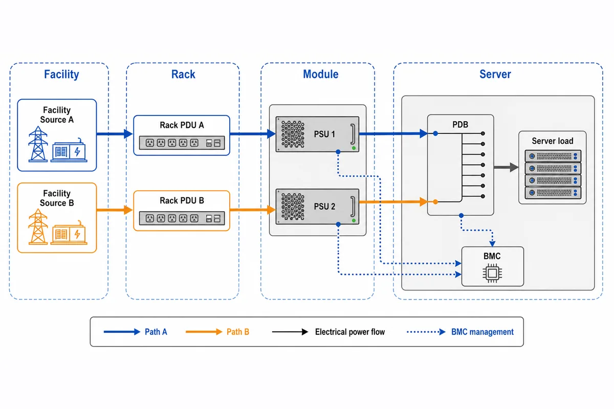 Cloud server power fault boundaries from PSU modules and PDB to rack and facility source