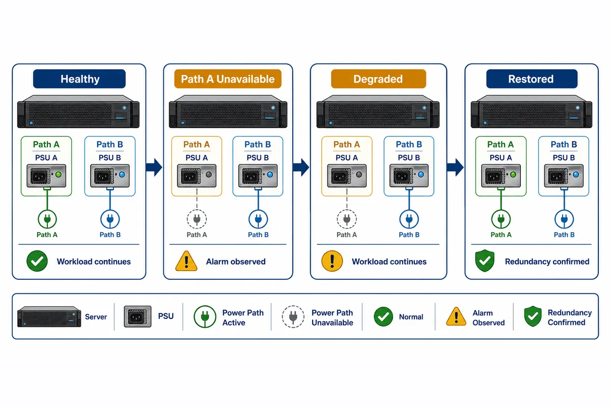 Commissioning sequence for healthy, degraded, and restored redundant server power states