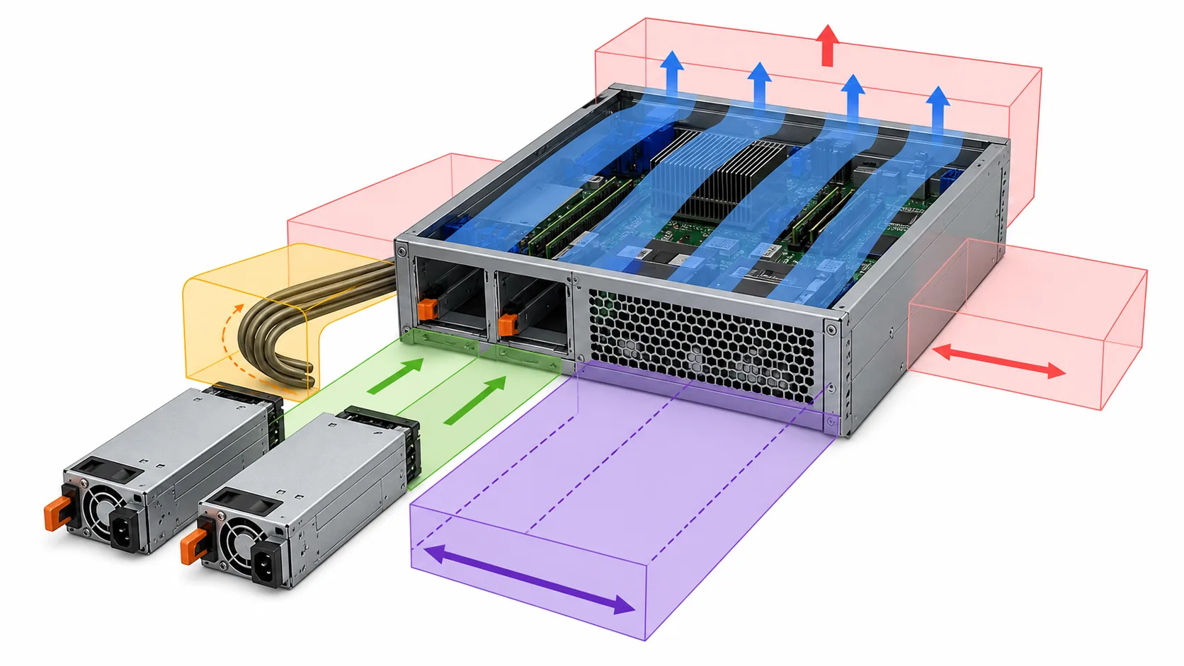 Compact server chassis showing PSU installation, cable, airflow, and extraction clearance zones